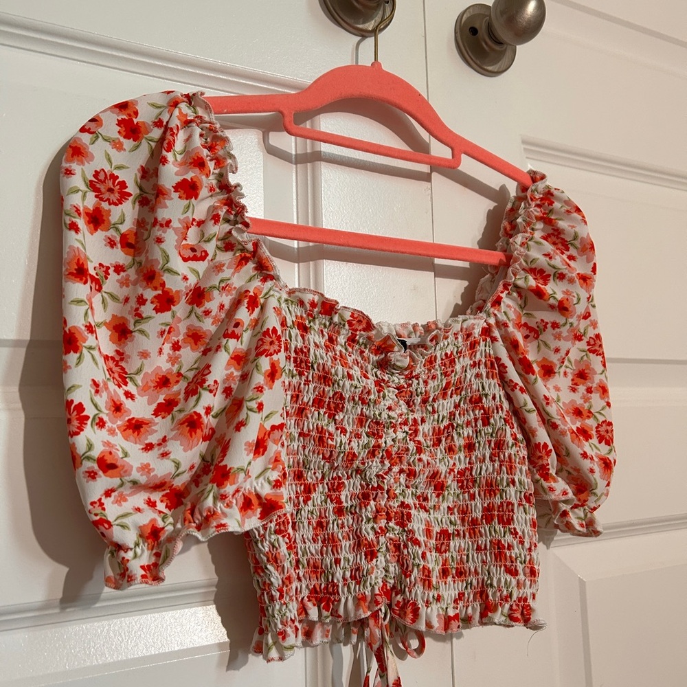 Red floral crop top blouse